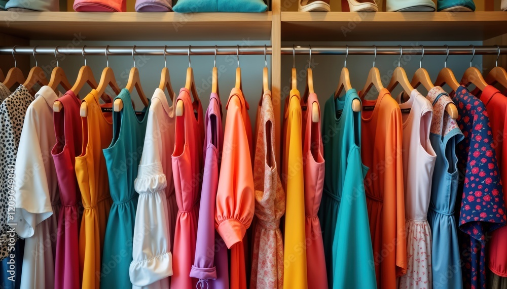 custom made wallpaper toronto digitalColorful apparel collection hanging neatly on clothes rack. Variety of dresses in vibrant colors. Organized display in home closet, summer fashion. New clothing items ready for spring summer.