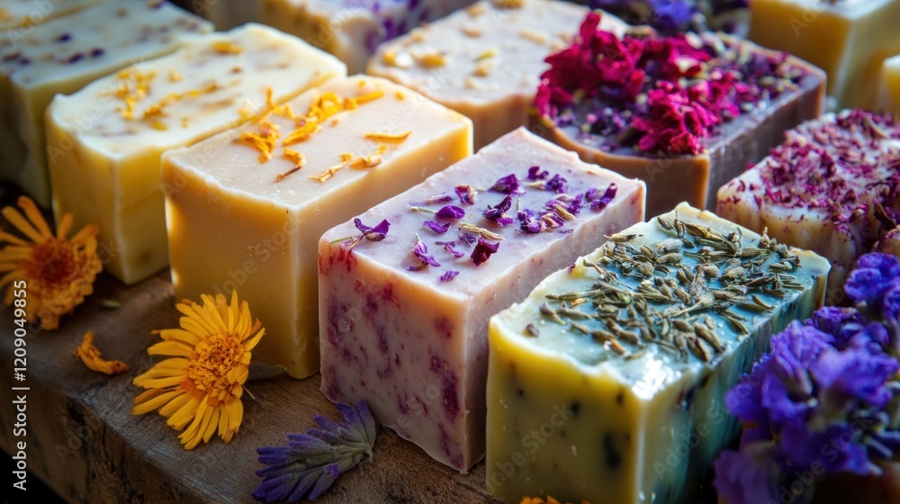 Assortment of Natural Handmade Soaps with Dried Flowers