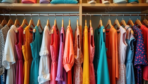 Wallpaper Mural Colorful apparel collection hanging neatly on clothes rack. Variety of dresses in vibrant colors. Organized display in home closet, summer fashion. New clothing items ready for spring summer. Torontodigital.ca
