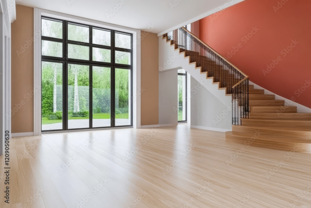 Spacious modern interior with a view of greenery and elegant staircase design Spacious modern interior with a view of greenery and elegant staircase design
