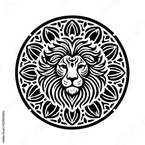 Lion Mandala:  A majestic lion's head is surrounded by a intricate mandala design, creating a powerful and symbolic representation of strength, wisdom, and inner peace. photo