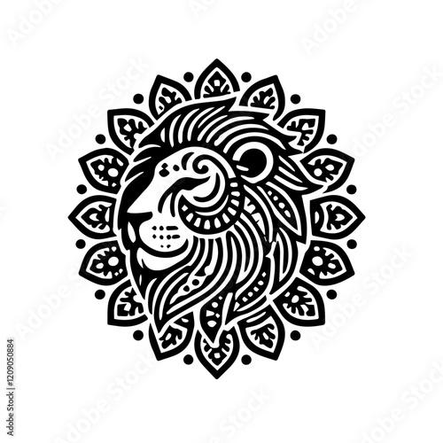 Lion Mandala: A majestic lion's head, intricately adorned with a mandala design, exudes strength and beauty, captivating the viewer's gaze with its bold lines and captivating composition.  