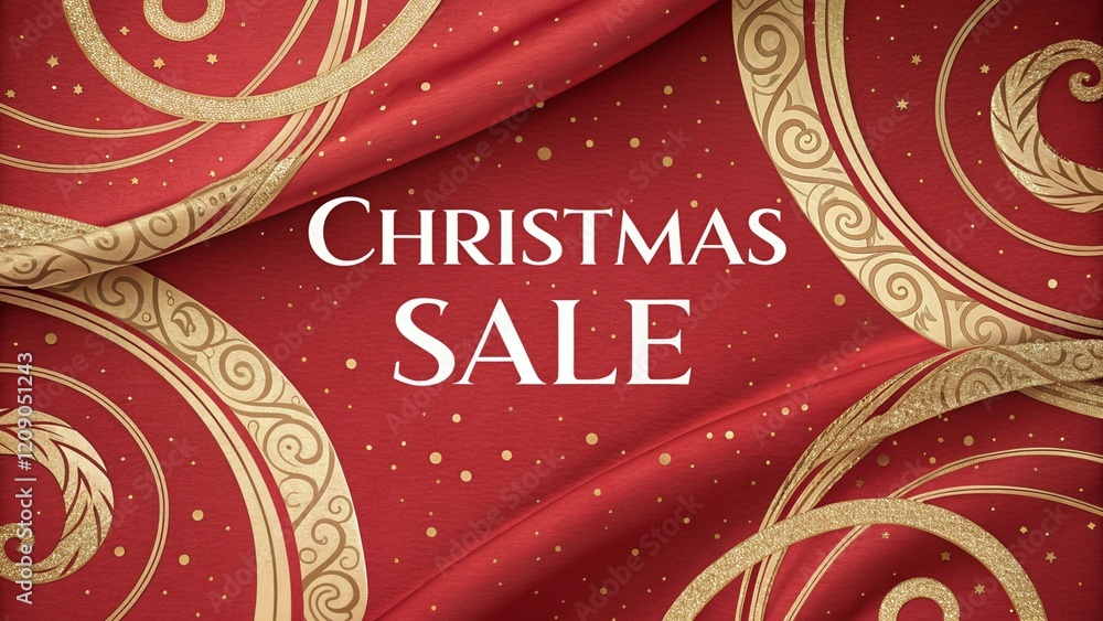 Fototapeta premium Red fabric with Christmas decoration and “Christmas Sale” inscription
