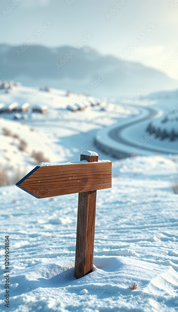 Fototapeta premium A rustic wooden signpost points the way through a tranquil winter landscape, snow blankets the ground leading to a distant mountain village and a winding road. The scene is peaceful and inviting, sug