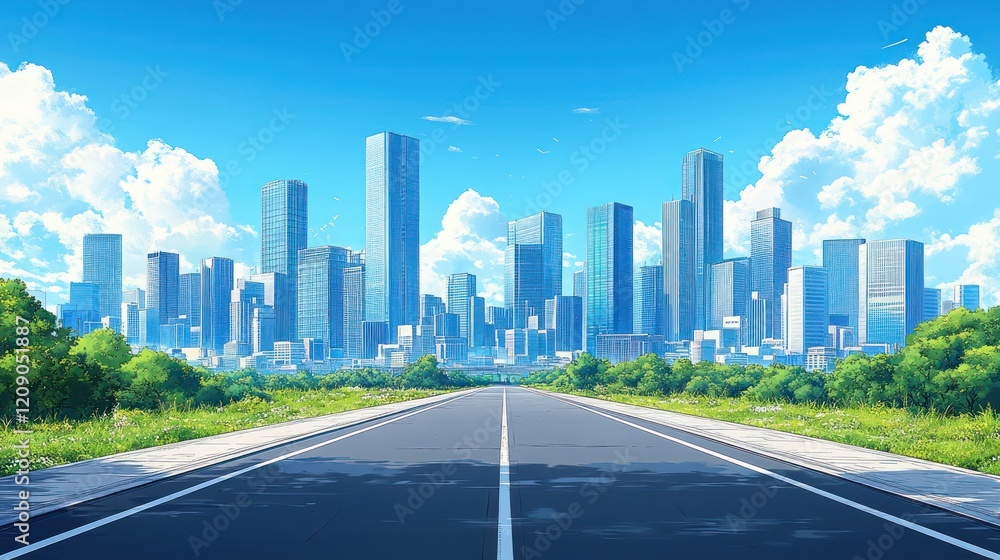 Naklejka premium A perspective illustration of a concrete road flanked by subtle greenery