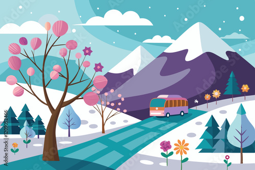 A beautiful hill , flower tree and a bus going on the road winter scenery veccor art illustration 