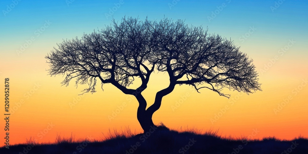 Silhouette of a barren tree against the sky, blending realistic textures with artistic composition for a striking visual effect Silhouette of a barren tree against the sky, blending realistic textures with artistic composition for a striking visual effect