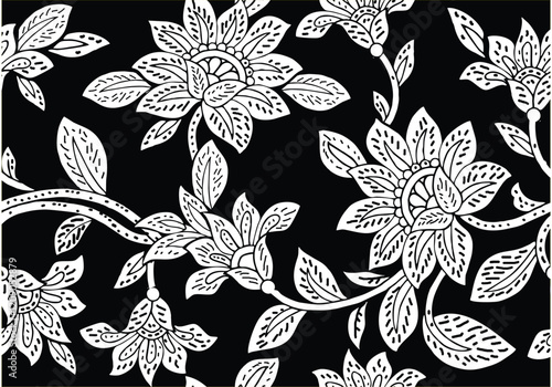 Indonesian Batik, exclusive floral motif, coloring applied to fabric, this technique originates from Indonesia. Batik is made by drawing dots and lines