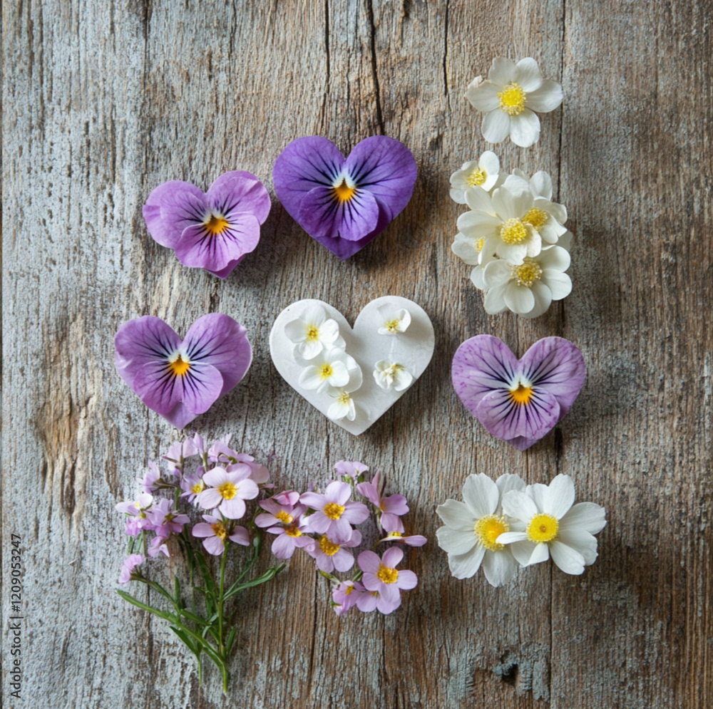 spring flowers in multiple small heartshapes on a rustic table. spring flowers in multiple small heartshapes on a rustic table.