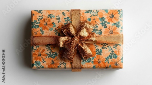 A beautifully wrapped gift box adorned with floral patterns and a golden ribbon, perfect for any special occasion.