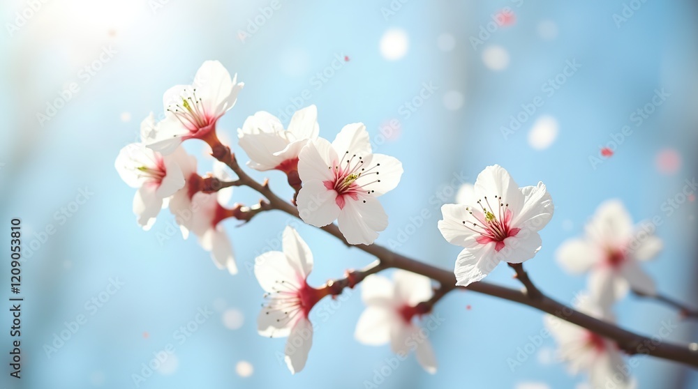 Fototapeta premium Close-Up of Cherry Blossom Flowers Against a Clear Blue Sky Background