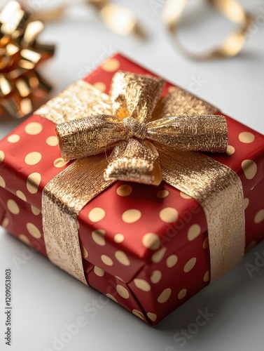 A beautifully wrapped red gift box adorned with golden polka dots and a shiny bow, perfect for festive occasions and celebrations.