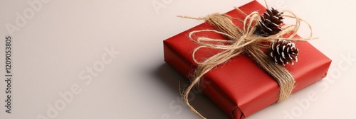 A beautifully wrapped red gift box adorned with pinecones and twine, perfect for festive occasions and celebrations.