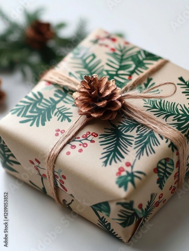 A beautifully wrapped gift box adorned with green foliage and a pine cone, perfect for festive celebrations.