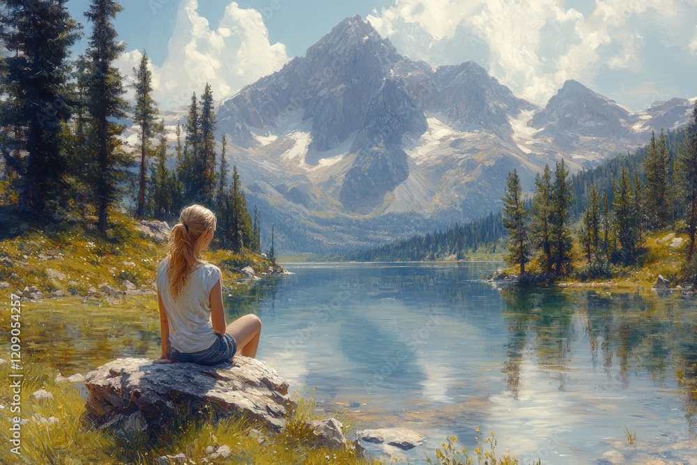 Young woman hiker on rocky ledge overlooking shimmering lake in British Columbia mountain landscape Young woman hiker on rocky ledge overlooking shimmering lake in British Columbia mountain landscape