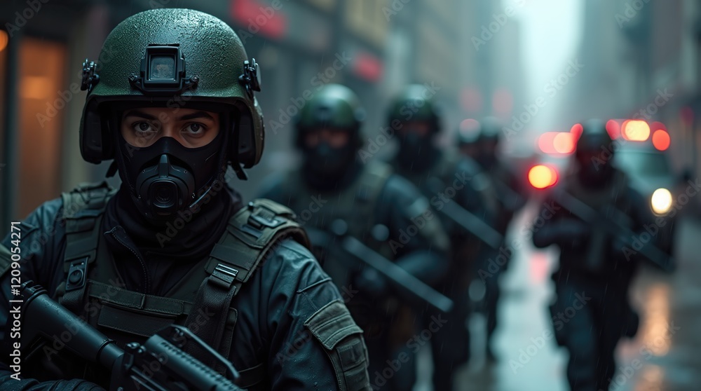 Tactical SWAT Team Advancing in Urban Environment During Operation Tactical SWAT Team Advancing in Urban Environment During Operation