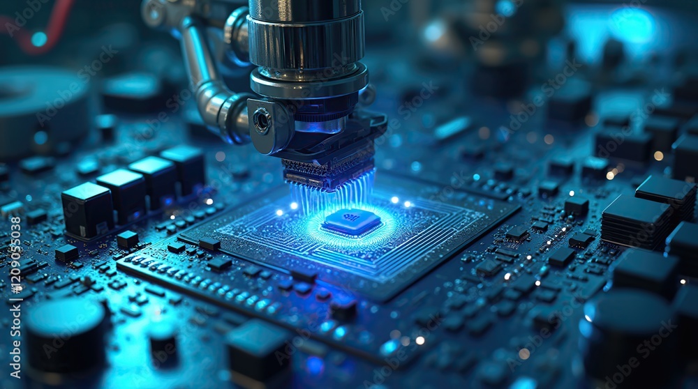 Robot Assembling Microchip on Circuit Board in Advanced Laboratory Setup Robot Assembling Microchip on Circuit Board in Advanced Laboratory Setup