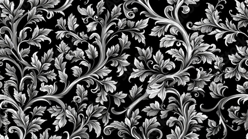 Elegant Silver and Black Baroque Floral Damask Seamless Pattern Design
