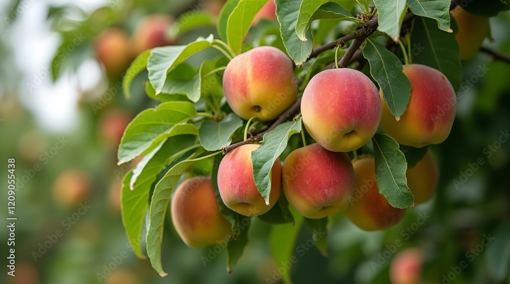 Ripe Peaches on a Branch, Ready for Picking, with Lush Green Leaves, Soft Lighting, Close-up Shot, slightly blurry background, Shallow Depth of Field, natural setting. Ripe Peaches on a Branch, Ready for Picking, with Lush Green Leaves, Soft Lighting, Close-up Shot, slightly blurry background, Shallow Depth of Field, natural setting.