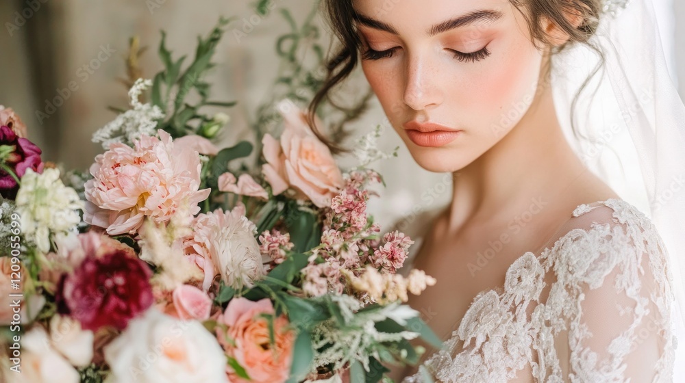 Obraz premium Bride with Delicate Makeup and a Bouquet of Pink Flowers