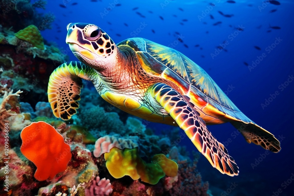 Stunning Image of a Green Sea Turtle Swimming in a Colorful Coral Reef Stunning Image of a Green Sea Turtle Swimming in a Colorful Coral Reef