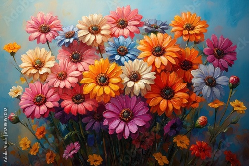 Vibrant Colorful Abstract Flower Bouquet against Soft Blue Sky Background