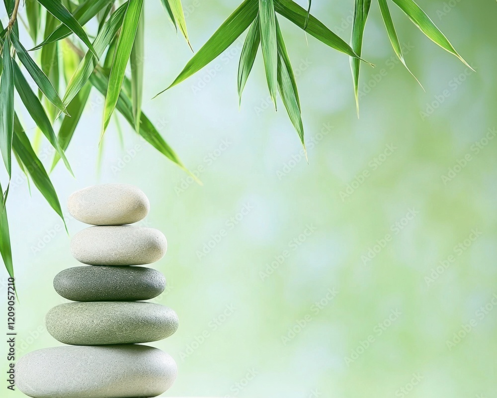 Obraz premium Zen stone stack with bamboo leaves, tranquil zen stone balance, calming zen garden with bamboo backdrop