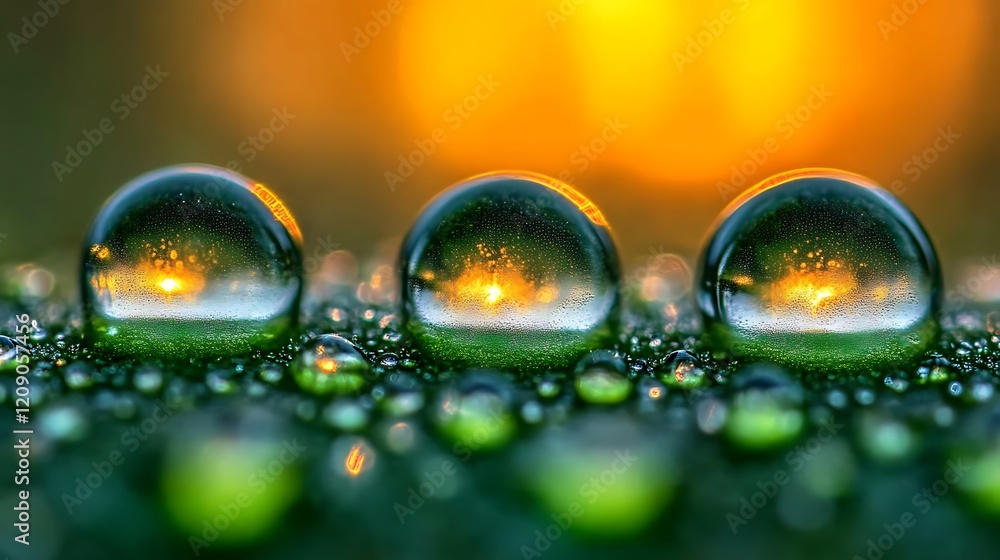 Naklejka premium Three Dewdrops Reflecting Sunset On Green Leaf