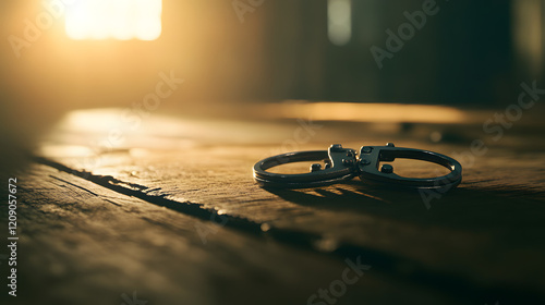 Handcuffs placed on a wooden table with a blurred background, symbolizing law enforcement and legal matters.
