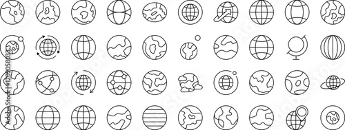 Bundle of Globe and Planet Related Line Icons. Outline Signs for Graphic and Web Design, Apps, Adverts, Various Cards