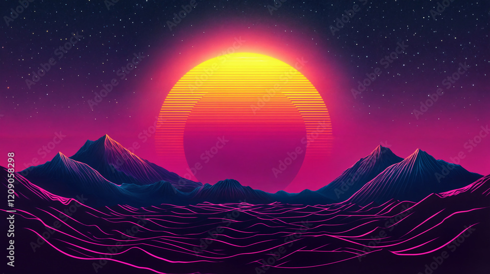 Futuristic landscape with mountains and sun. Futuristic landscape with mountains and sun.