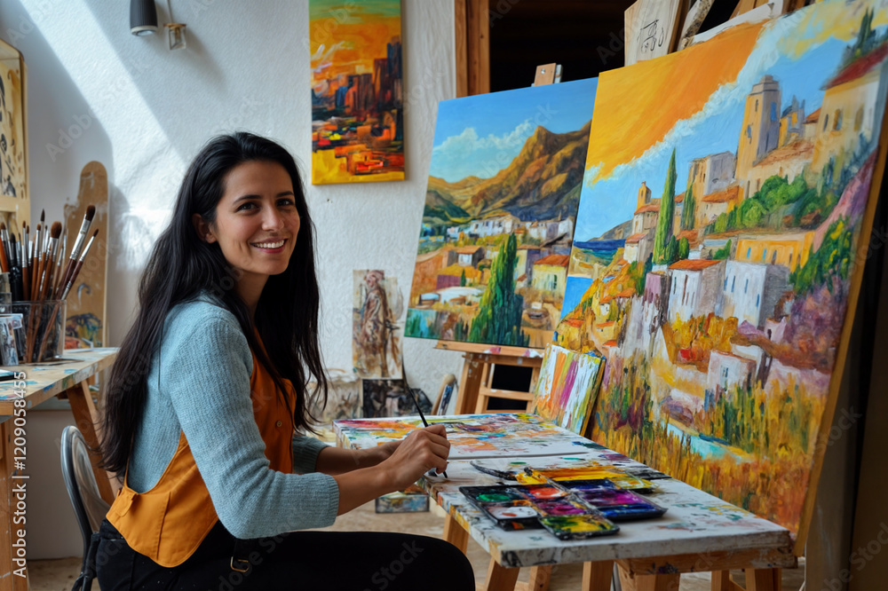 Fototapeta premium Female artist painting a picture on canvas in her studio. Smiling and looking at camera.