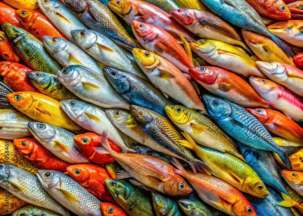 Fototapeta premium Aerial Close-Up: Stacked Fish at a Bustling Market