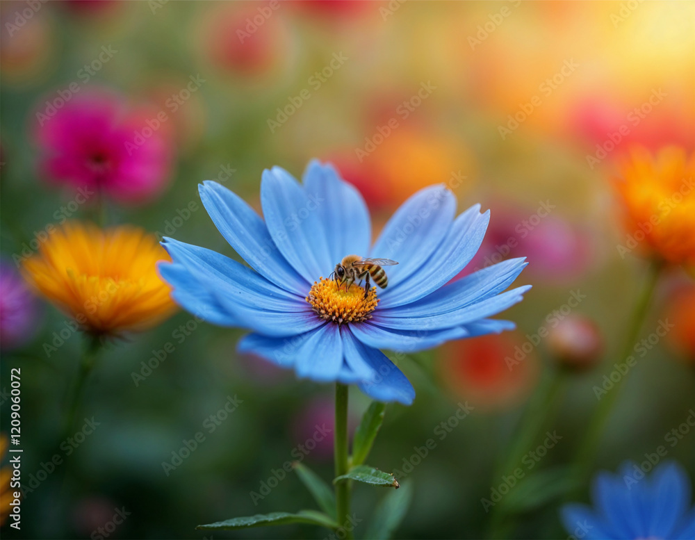 Close-up of a delicate blue wildflower in full bloom surrounded by vibrant green foliage and natural sunlight. Close-up of a delicate blue wildflower in full bloom surrounded by vibrant green foliage and natural sunlight.
