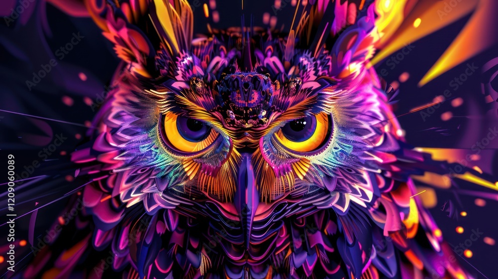 An owl with bold neon gradients, abstract shapes, and a pop art aesthetic, glowing against a dark black background. An owl with bold neon gradients, abstract shapes, and a pop art aesthetic, glowing against a dark black background.