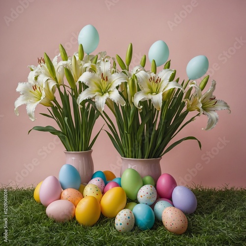 An Easter bouquet of balloon lilies, eggs, and bunny accents on a grassy pastel background.