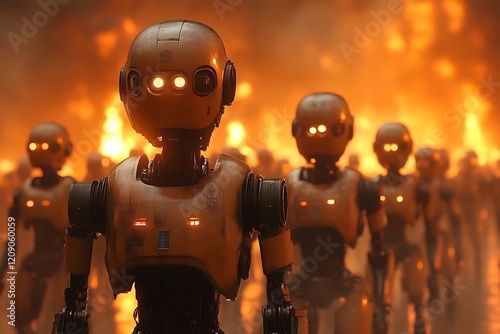 Robot army amidst fiery chaos. (1)