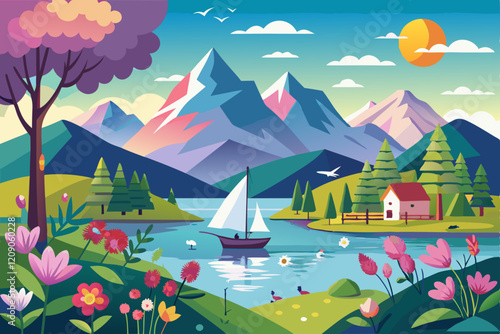 A mountain area. A beautiful flower tree, a lakeside, and a boat are going some geese are playing