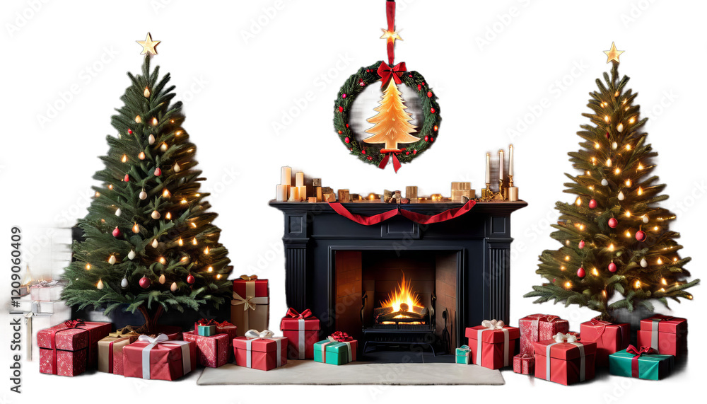 tree glowing interior dark fireplace gifts christmas magic holiday decoration room gift home evening celebration living night december background winter