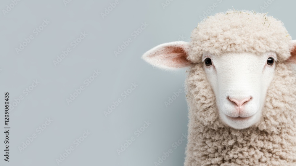 Fototapeta premium A standing sheep is set against a vivid blue background, creating a striking contrast that highlights the animal's features and textures.