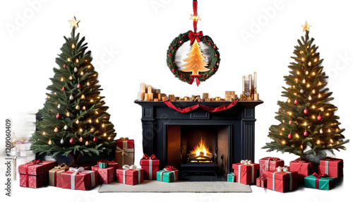 tree glowing interior dark fireplace gifts christmas magic holiday decoration room gift home evening celebration living night december background winter