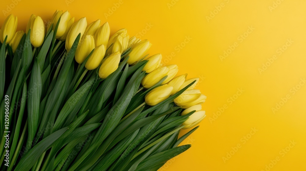 Fototapeta premium A vibrant row of yellow tulips set against a cheerful yellow background, creating a harmonious and fresh floral display.