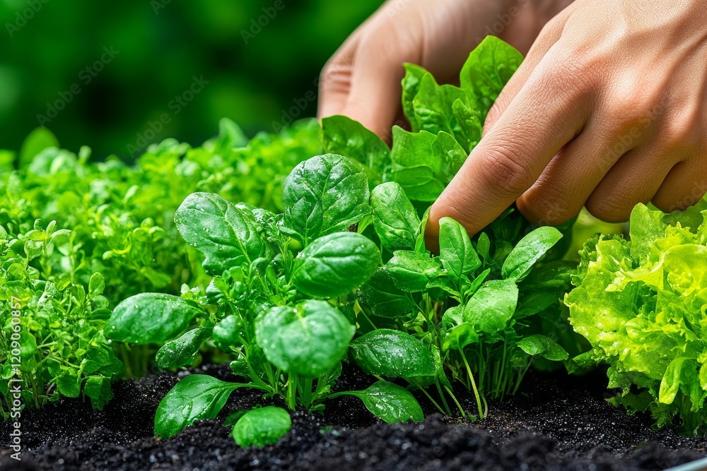 A person planting herbs in a small backyard garden. Generative AI A person planting herbs in a small backyard garden. Generative AI