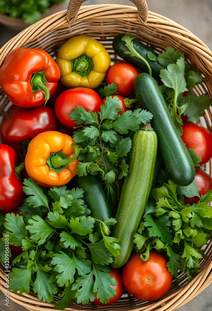 There are fresh vegetables and herbs in a wicker basket There are fresh vegetables and herbs in a wicker basket