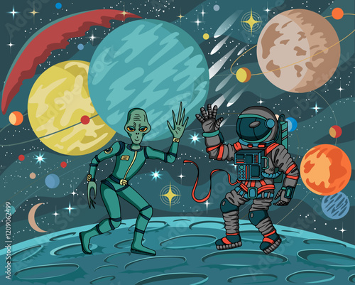 Colorful vector illustration of human spaceman in spacesuit and friendly alien against retro future space universe with planets and stars, science fiction concept