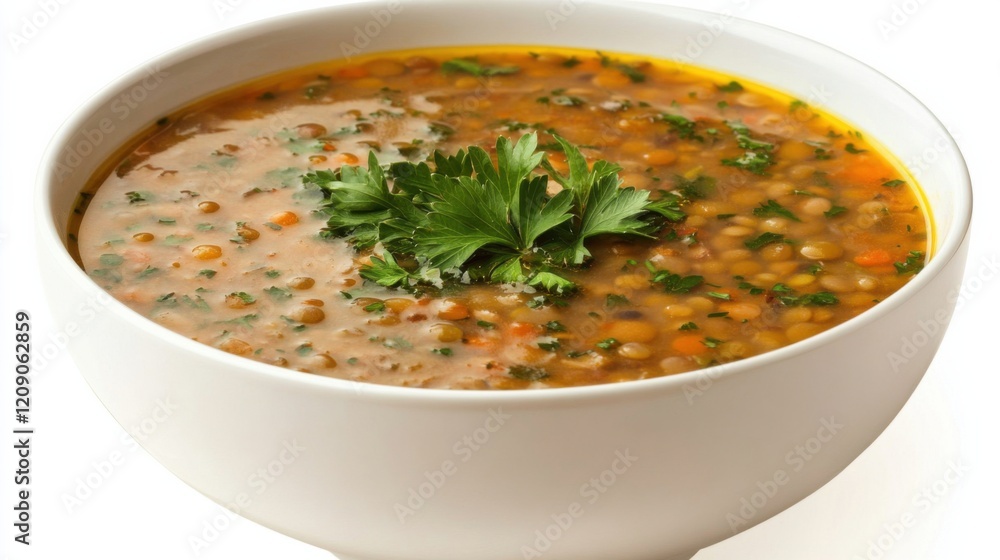 A bowl of hearty lentil soup garnished with fresh parsley and a drizzle of olive oil, Each spoonful filled with comforting and aromatic flavors A bowl of hearty lentil soup garnished with fresh parsley and a drizzle of olive oil, Each spoonful filled with comforting and aromatic flavors