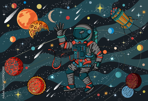 Colorful vector illustration with friendly astronaut in retro spacesuit against retro future space universe with planets and stars, science fiction concept