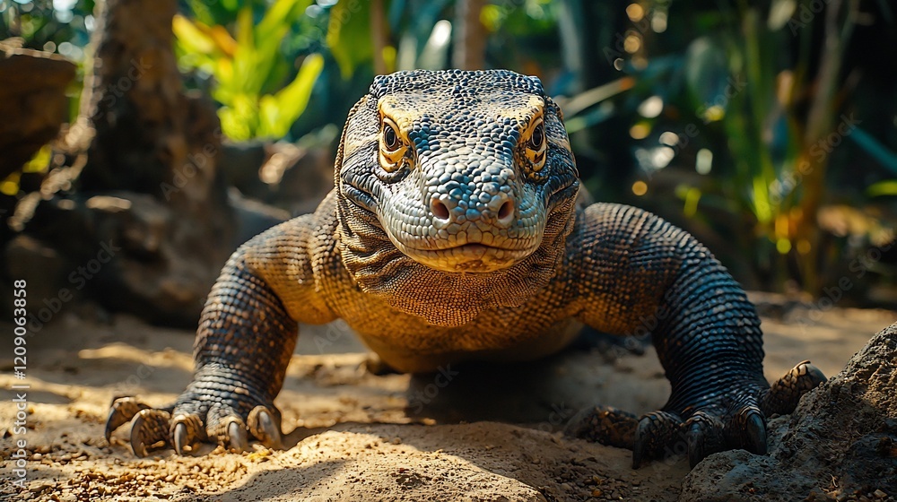 Komodo dragon crawling slowly its rough texture visible against a white background Komodo dragon crawling slowly its rough texture visible against a white background