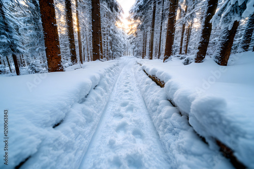 Verschneiter Waldweg mit tiefen Fußspuren, umgeben von schneebedeckten Bäumen bei Sonnenuntergang  
 photo