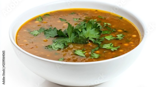 A bowl of hearty lentil soup garnished with fresh parsley and a drizzle of olive oil, Each spoonful filled with comforting and aromatic flavors